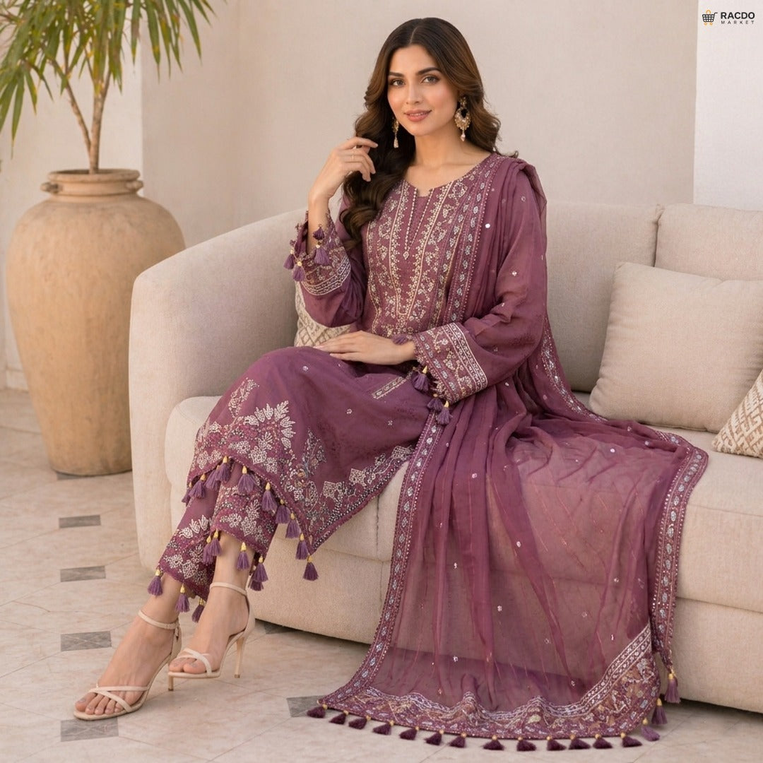 خواتین کے لیے روز پنک ان سٹچڈ پریمیم سوٹ | نرم، سانس لینے والا فیبرک – RACDO MARKET