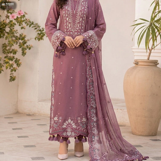 خواتین کے لیے روز پنک ان سٹچڈ پریمیم سوٹ | نرم، سانس لینے والا فیبرک – RACDO MARKET