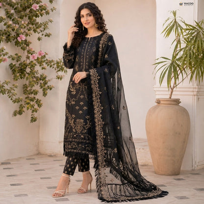 3 Piece Embroidered Lawn Shirt with Organza Dupatta 1020 | Unstitched Premium Suit