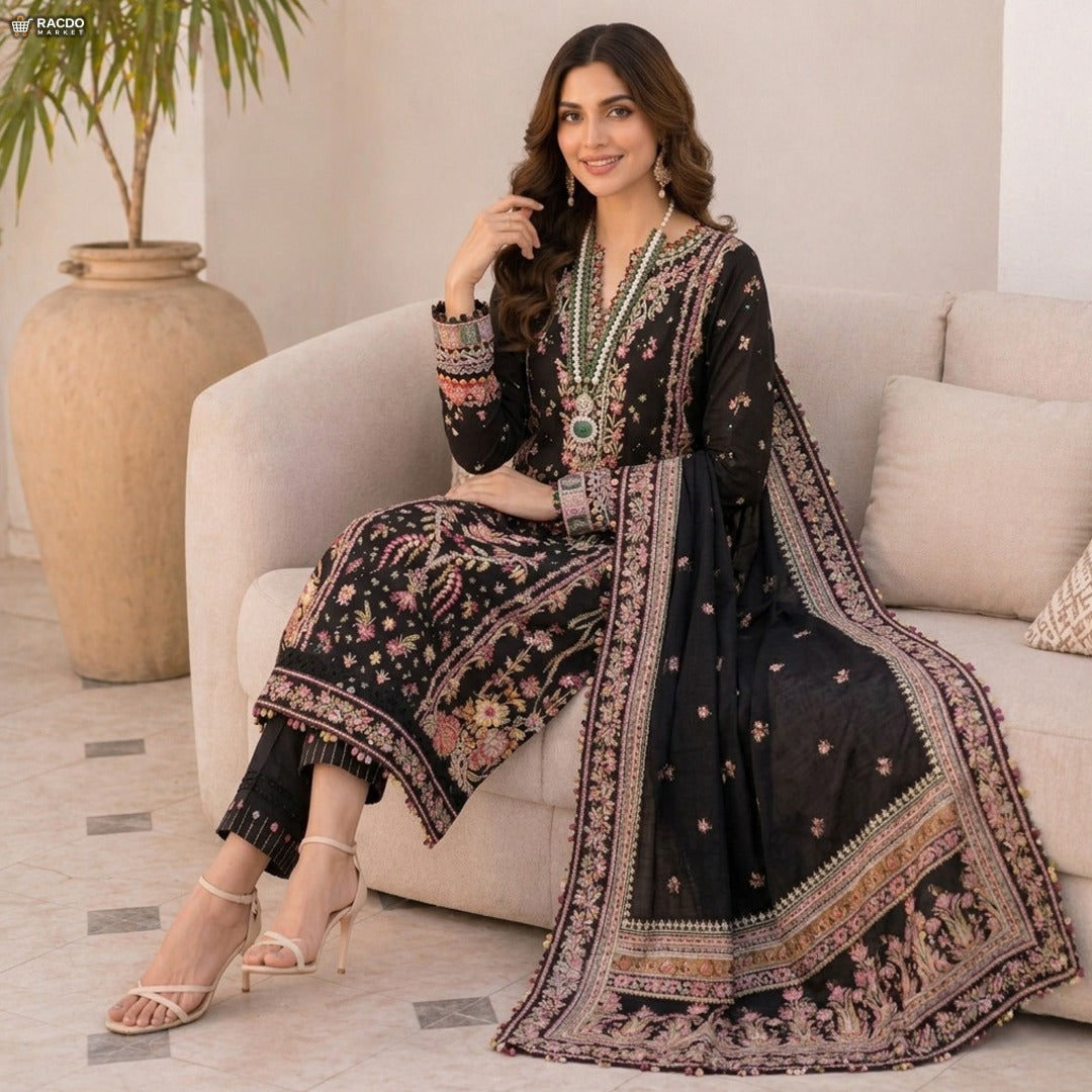 Black Multi Dress | Premium Unstitched Fabric for Women – RACDO MARKET Pakistan
