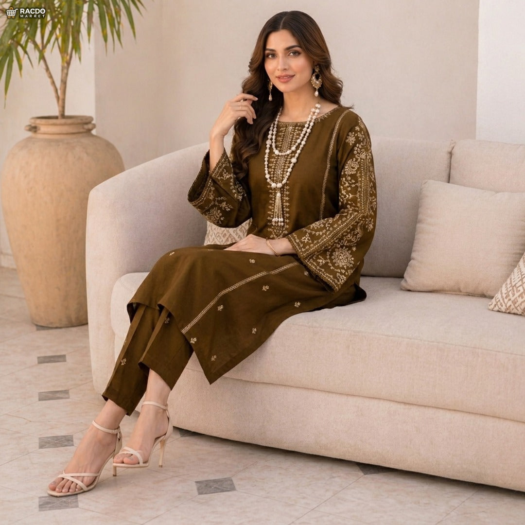 پریمیم مہندی کلر آؤٹ فٹس - ان سلے سوٹ کا کپڑا | RACDO MARKET