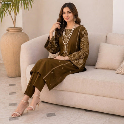 پریمیم مہندی کلر آؤٹ فٹس - ان سلے سوٹ کا کپڑا | RACDO MARKET