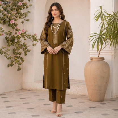 پریمیم مہندی کلر آؤٹ فٹس - ان سلے سوٹ کا کپڑا | RACDO MARKET