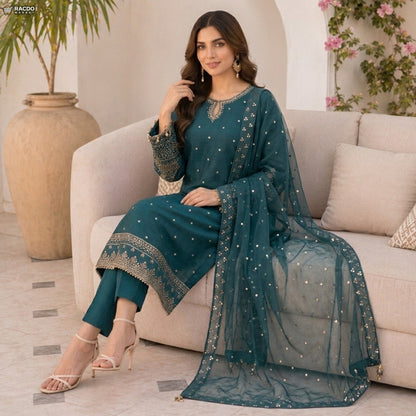 ڈارک زند رنگ ان سلائی پریمیم فیبرک – اعلیٰ معیار کا پاکستانی سوٹ کا کپڑا
