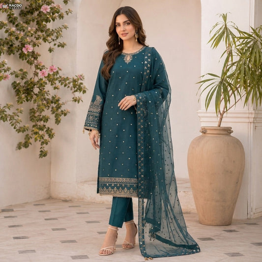 ڈارک زند رنگ ان سلائی پریمیم فیبرک – اعلیٰ معیار کا پاکستانی سوٹ کا کپڑا