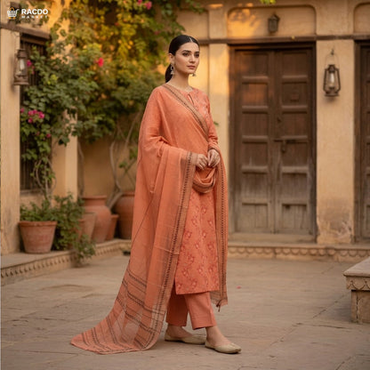 Peach Luxury Jacquard Lawn Printed 3PC Unstitched – Premium Lawn Fabric for Women | RACDO MARKET