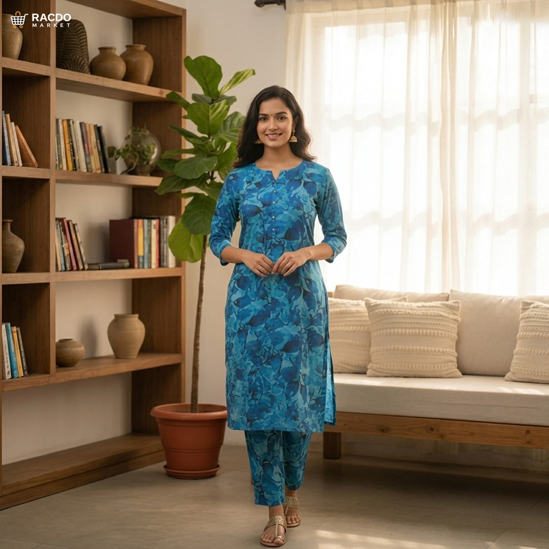 Teal Blue Linen Printed 2PC Unstitched Suit – Premium Fabric | RACDO MARKET