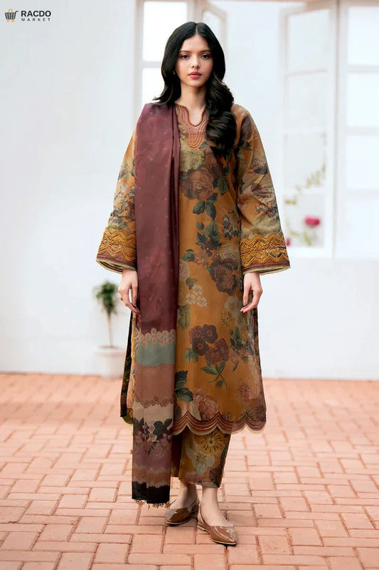 Woman wearing a floral dress and shawl in a bright room with white walls and a window.

