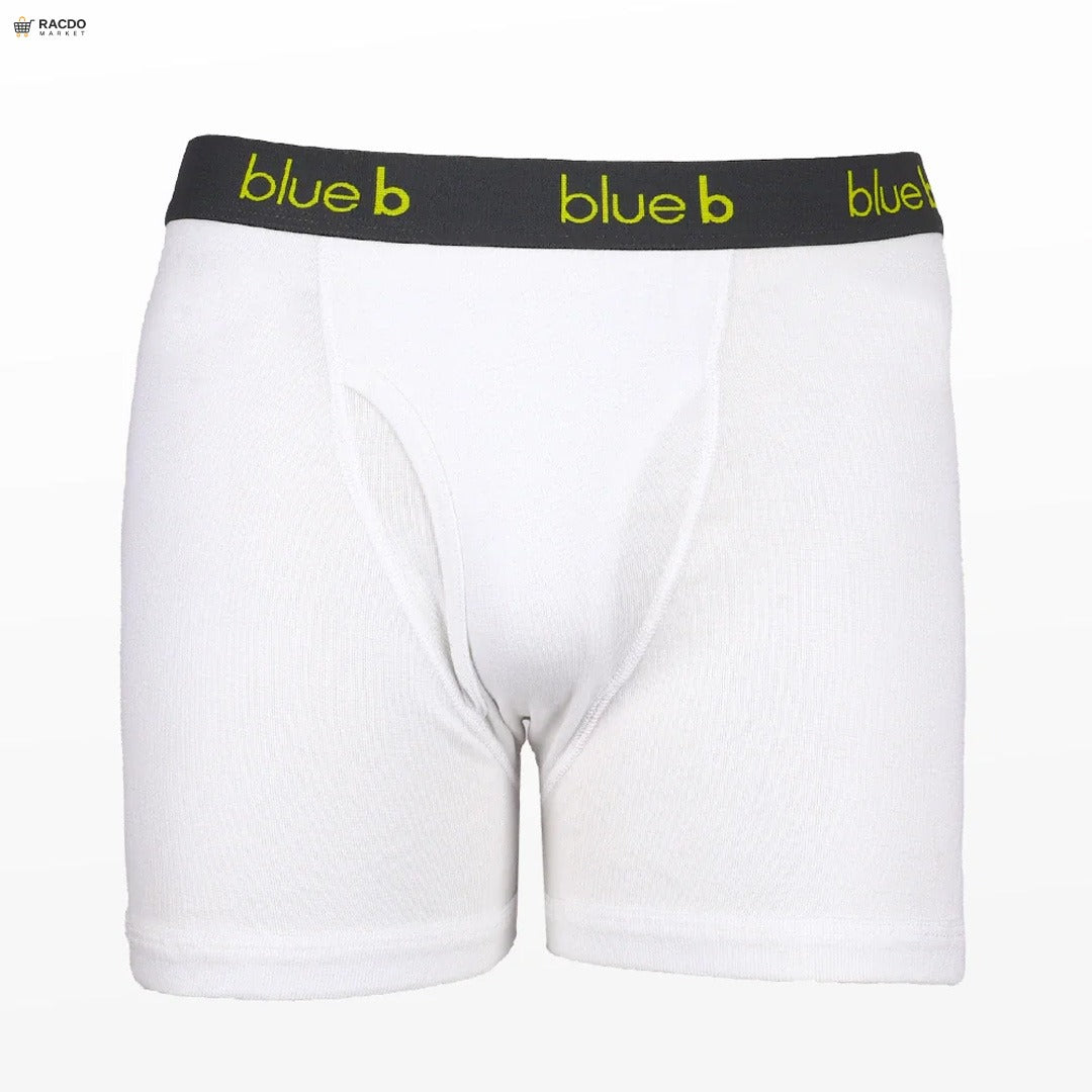 White boxer briefs with a black waistband featuring 'blue b' branding on a white background.

