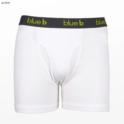 White boxer briefs with a black waistband featuring 'blue b' branding on a white background.

