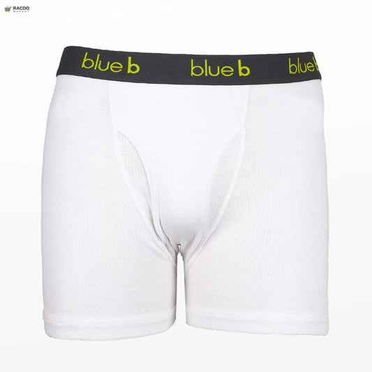 White boxer briefs with a black waistband featuring 'blue b' branding on a white background.

