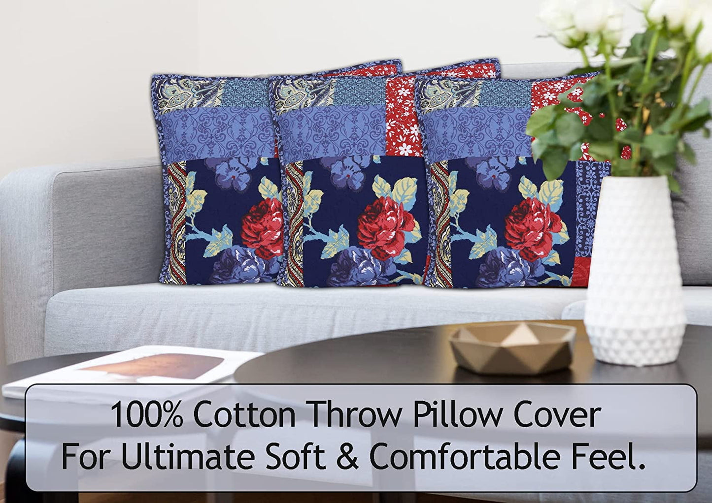 Cotton Fabric Throw Pillows, 2 Pack (18"x18") Cover Only, Patch Work Multi Navy Turqize Design