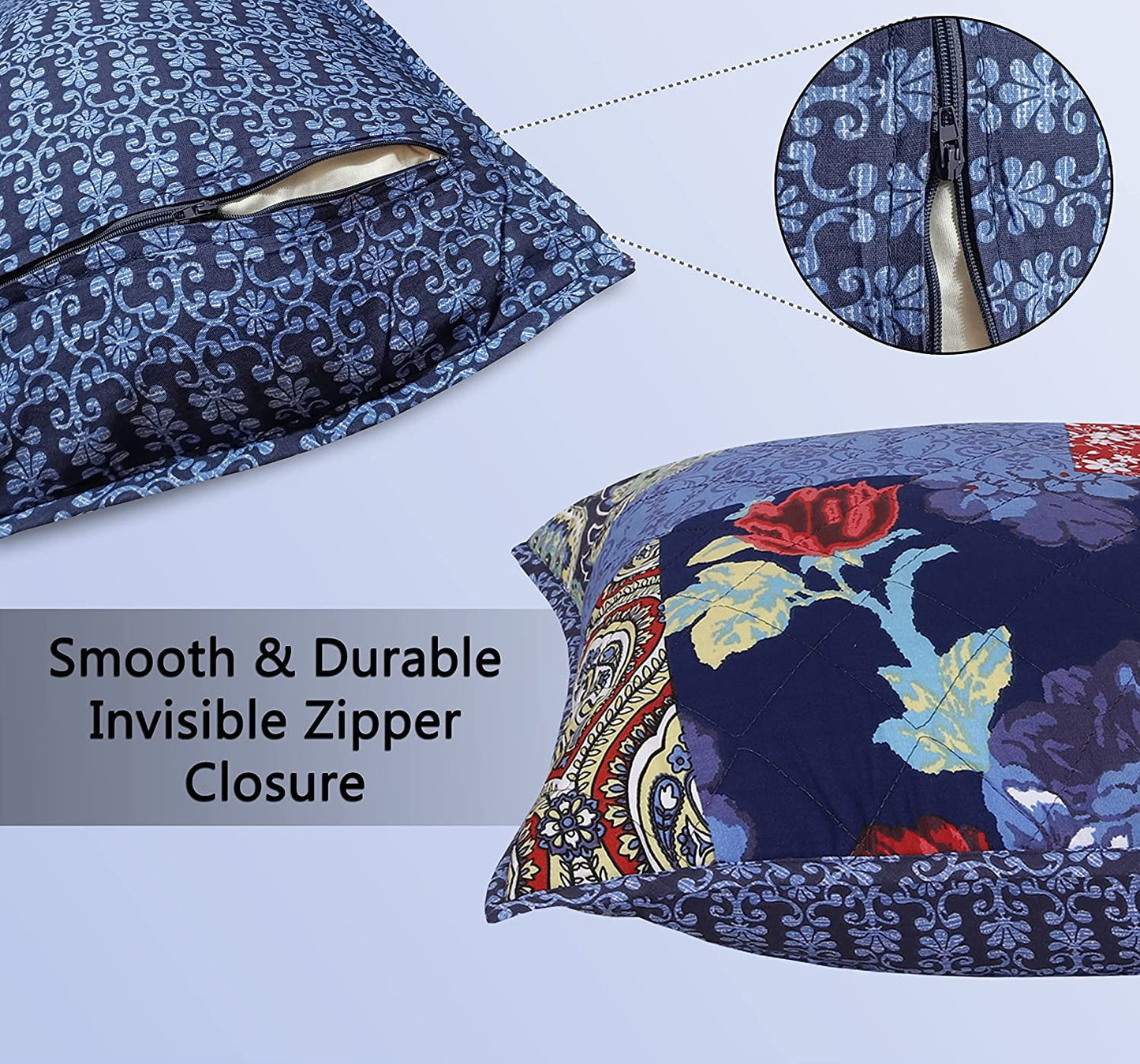 Cotton Fabric Throw Pillows, 2 Pack (18"x18") Cover Only, Patch Work Multi Navy Turqize Design