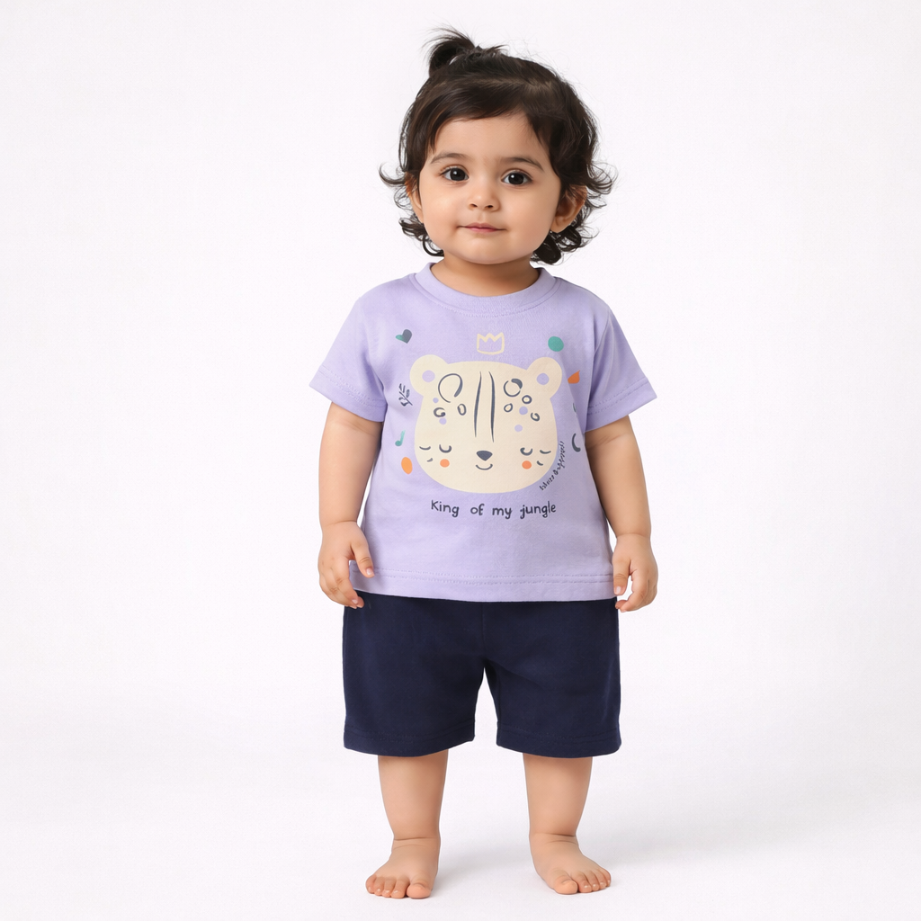 Child wearing a purple t-shirt with a tiger design and navy shorts on a white background

