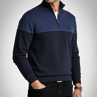 Mens Navy Colour Block Quarter Zip Sweatshirt